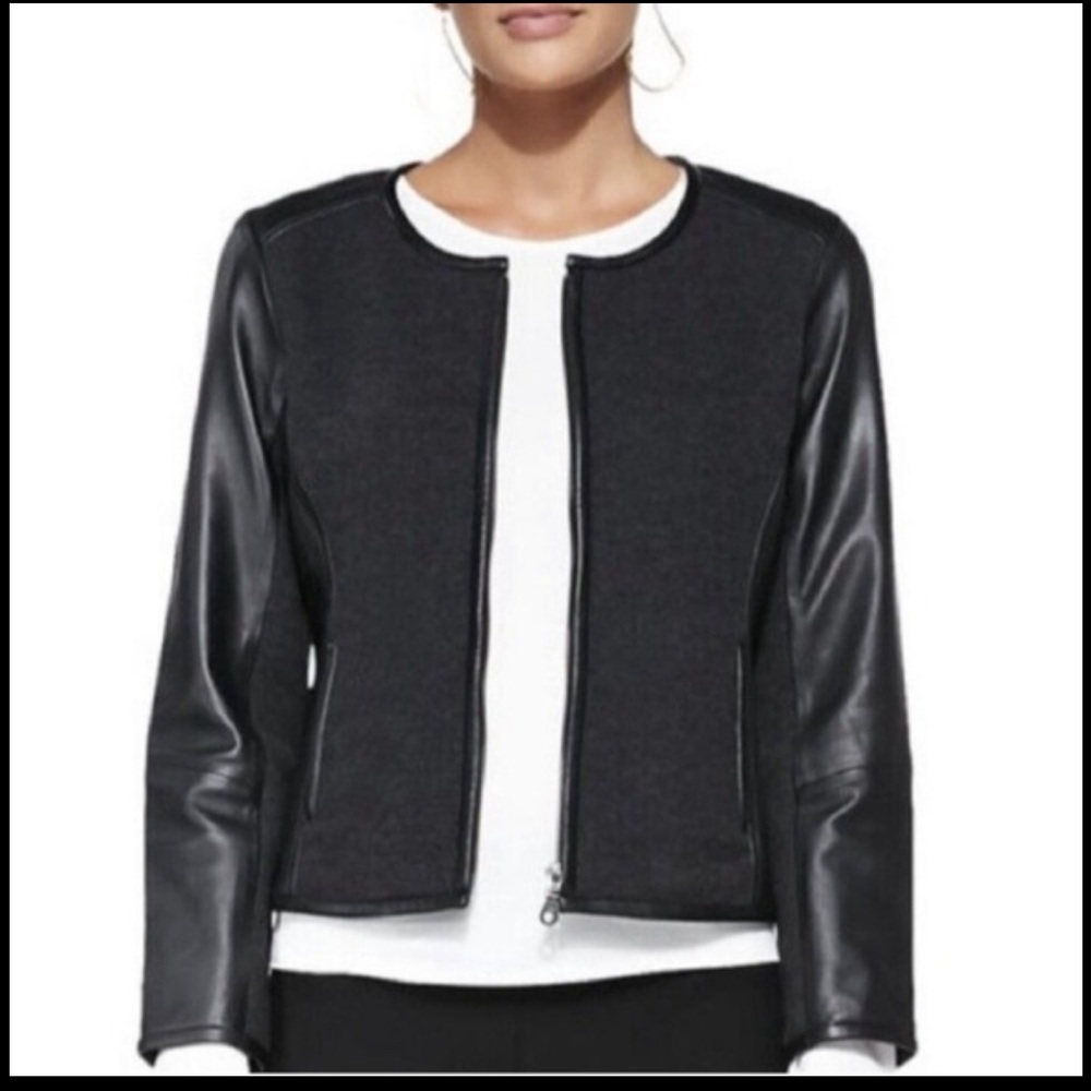 Eileen Fisher Charcoal Gray Body with Black Leather Sleeve Zip Jacket